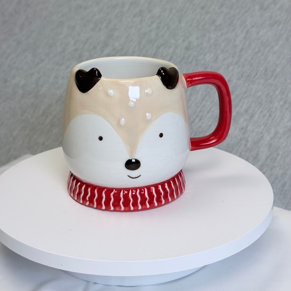 Deer Face Earthenware Coffee Mug Red Sweater Base Woodland Animal Holiday Cup